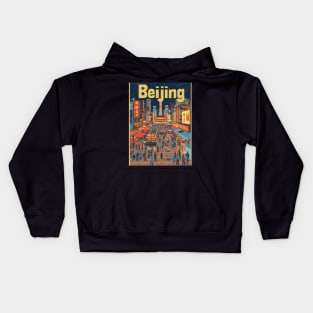 Experience the lively atmosphere of Beijings streets, alive with crowds and illuminated by neon signs. Night markets showcase local culture, Kids Hoodie